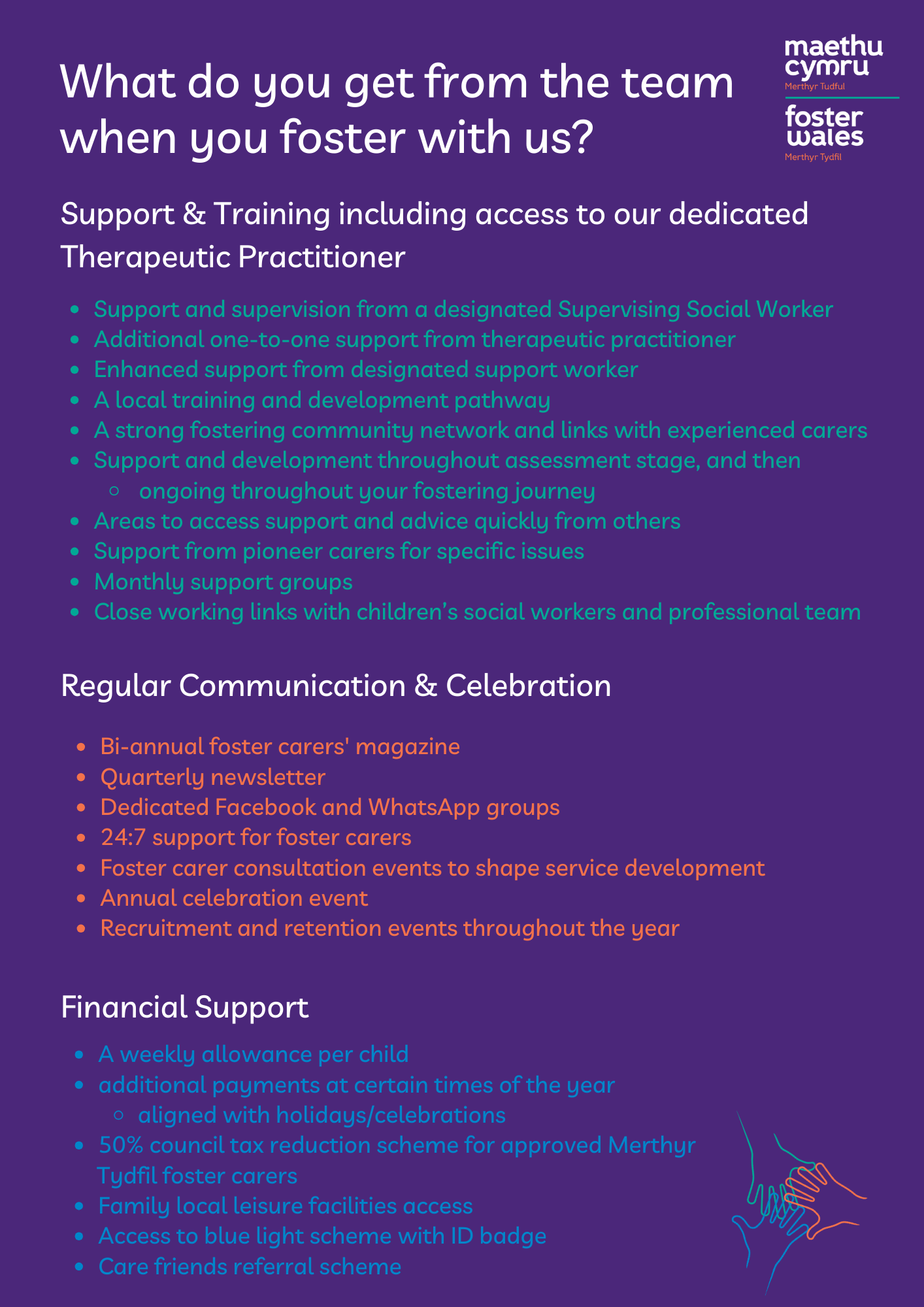 A list of the support and rewards that Foster Wales Merthyr offers its foster carers